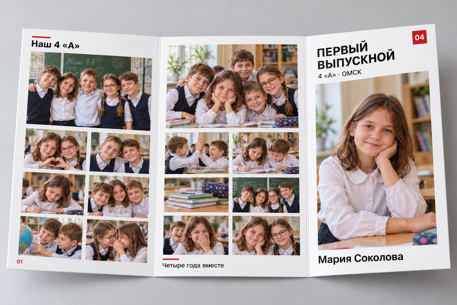 Демонстрационное трёхстворчатое трюмо с портретом ученицы и сеткой небольших школьных фотографий
